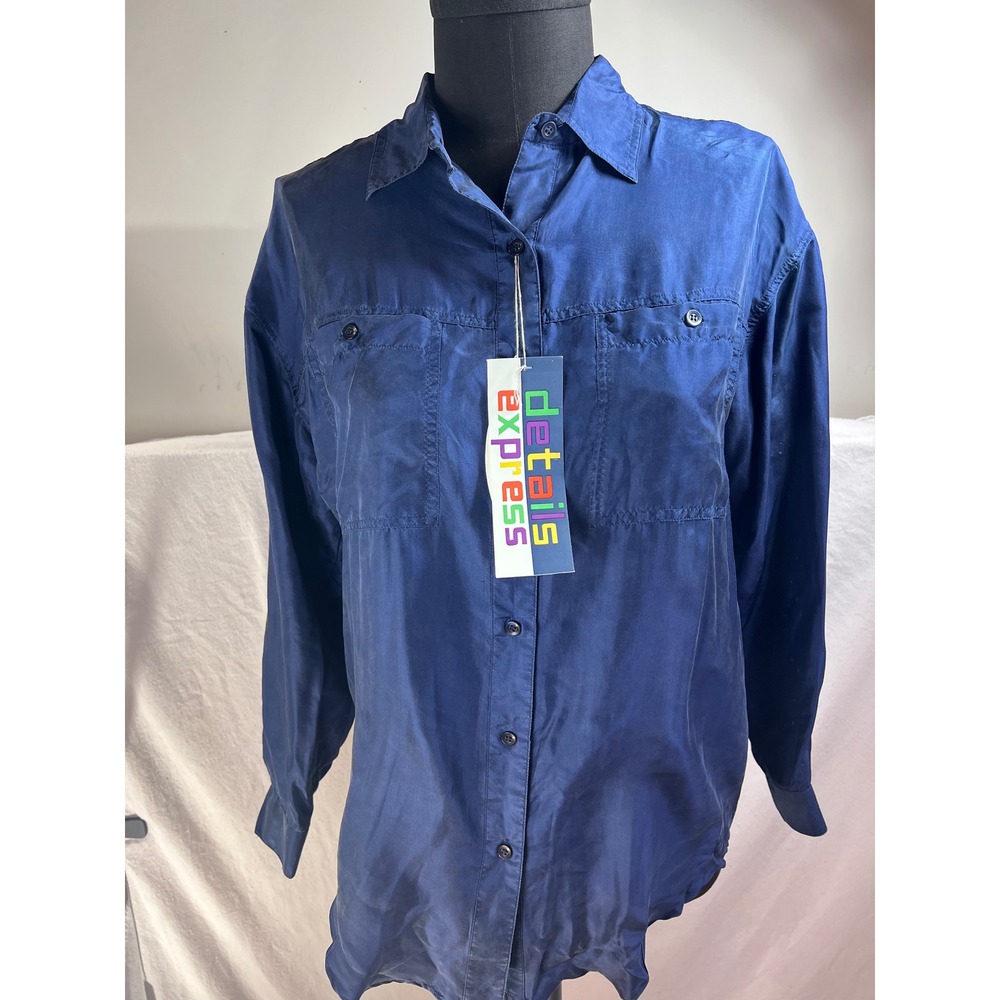 Details Express Navy Blue 100% Silk Button Down Shirt Long Sleeve Blouse Medium